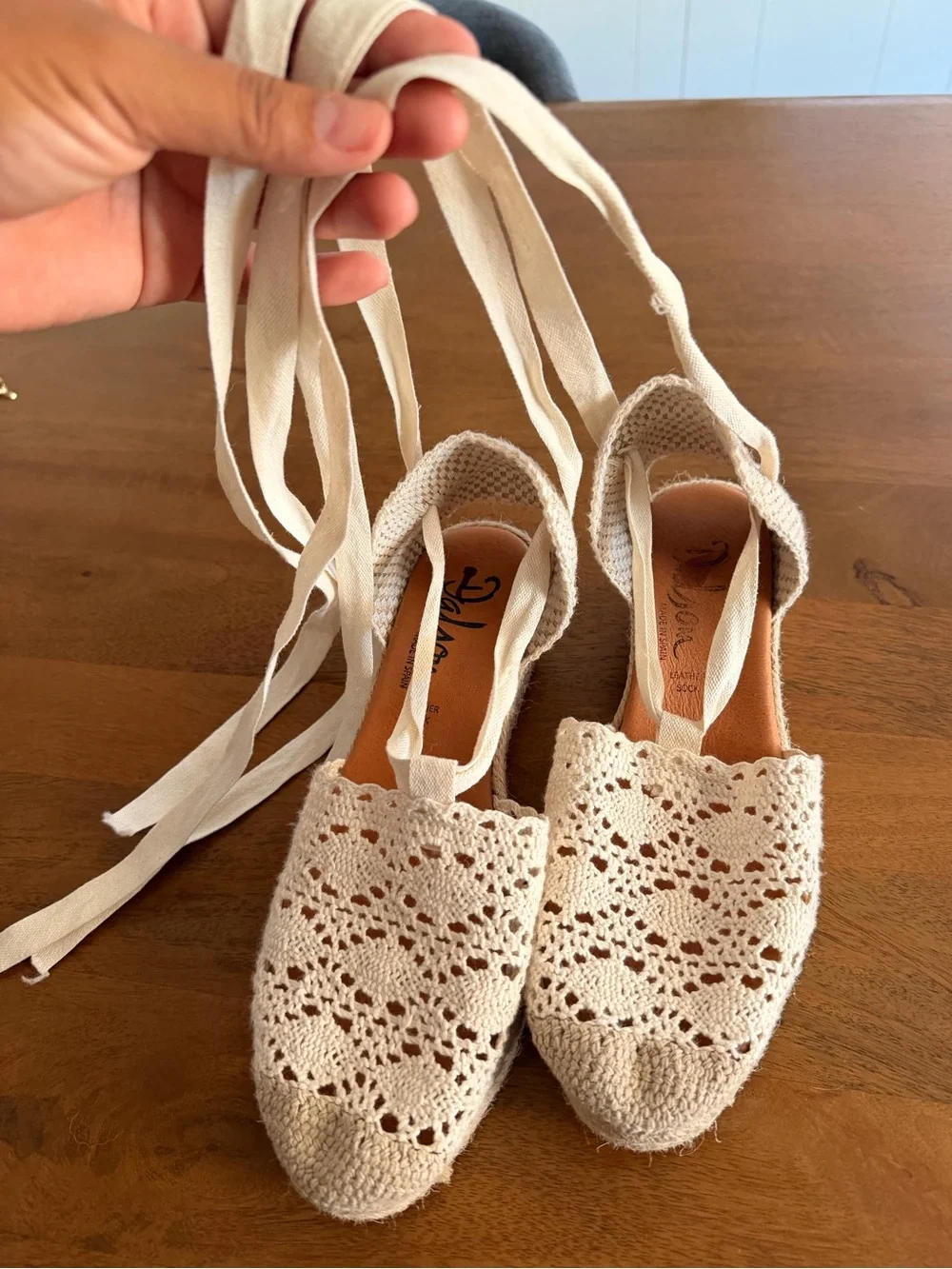 Crochet Espadrille Ankle-Tie Wedges in Cream